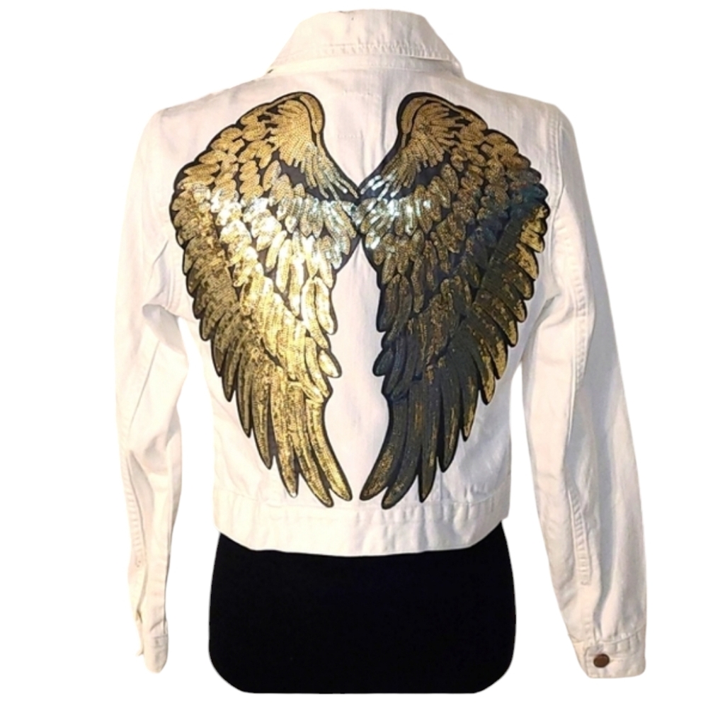 Old Navy - White Jean Jacket - Custom Rose 🌹 Patch and Angel Wings - Picture 2 of 5